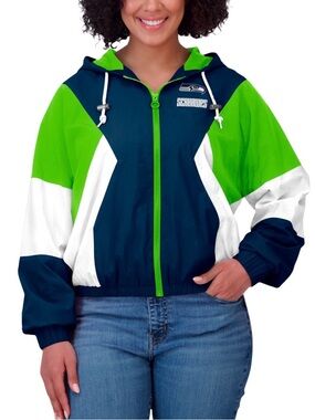 Seattle Seahawks Women's Navy, Green & White Colorblock Bomber Jacket